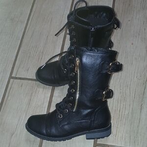 Black Buckle Combat Boots with Side Zip - Women